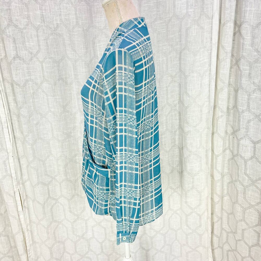CAbi Windowpane Wrap Top Size M Teal Plaid Style 3068 Surplice V‎ Neck Blouse - Picture 4 of 10